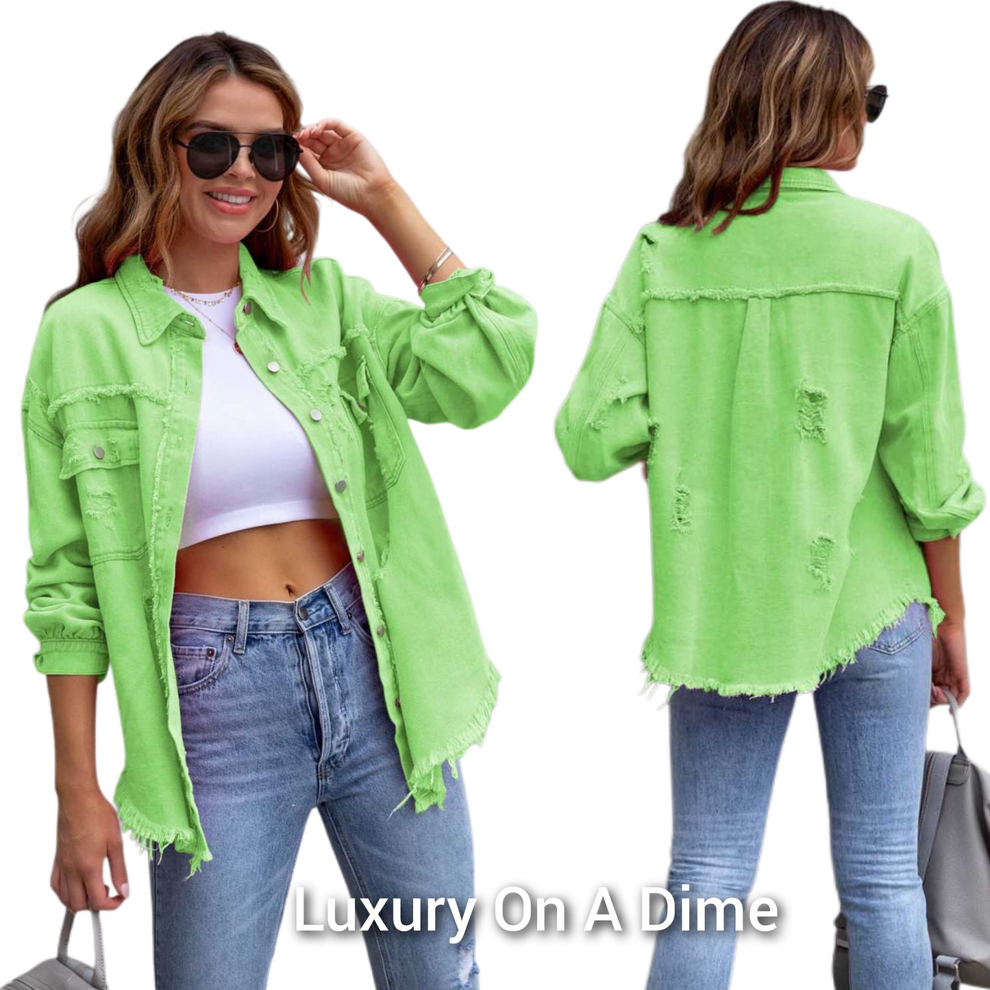 Oversized Distressed Denim Exposed Seam Button-Up Frayed Hem Jean Jacket