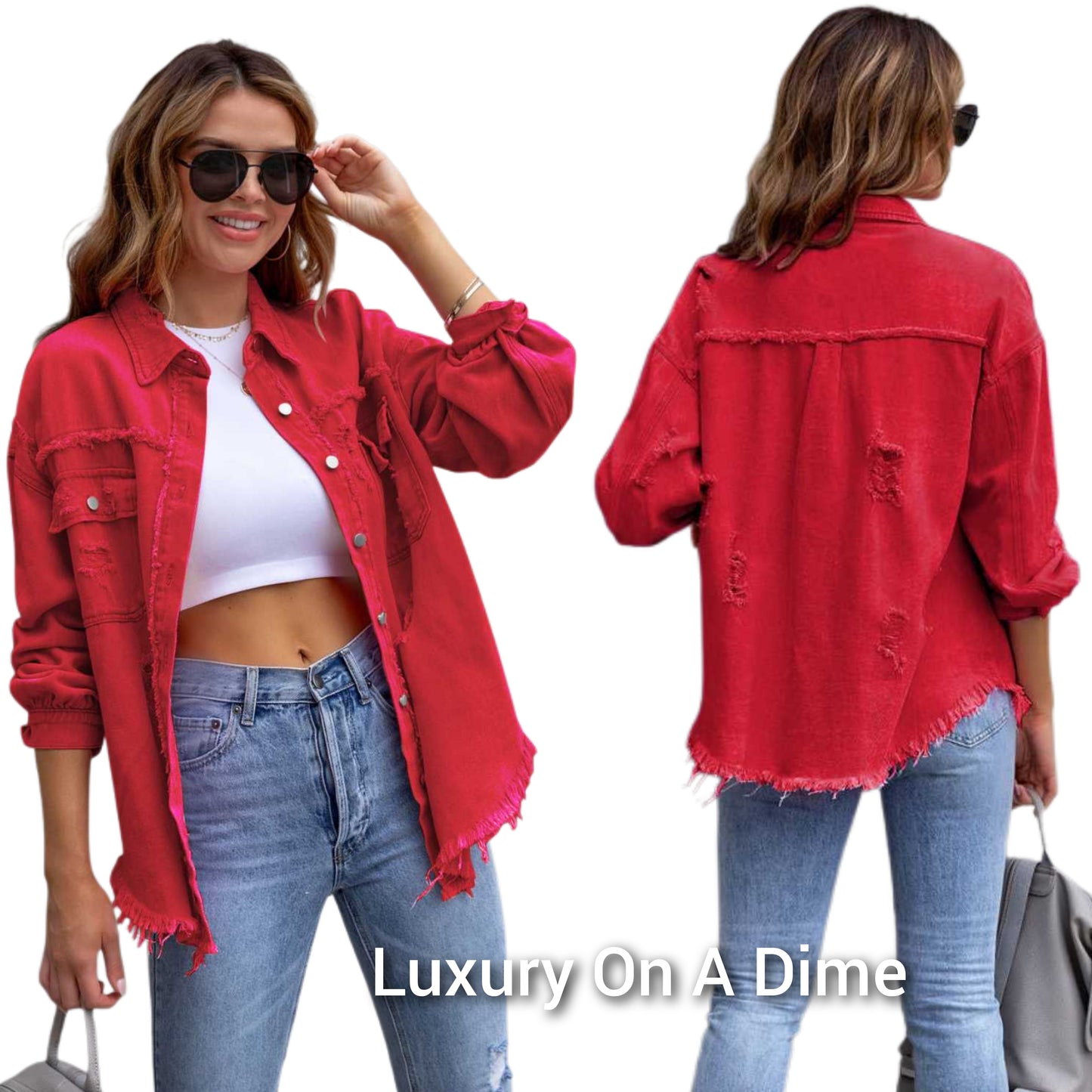 Oversized Distressed Denim Exposed Seam Button-Up Frayed Hem Jean Jacket