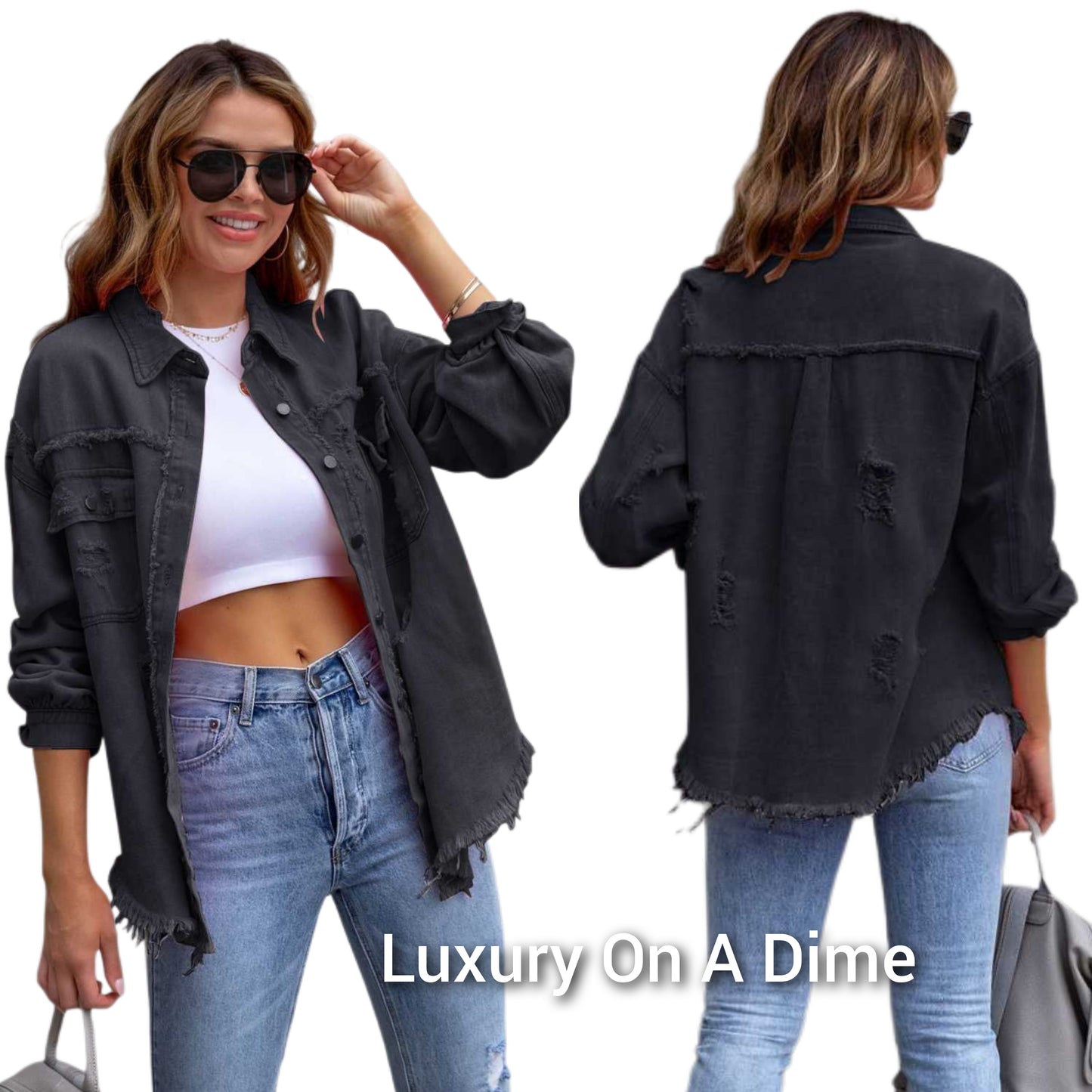 Oversized Distressed Denim Exposed Seam Button-Up Frayed Hem Jean Jacket