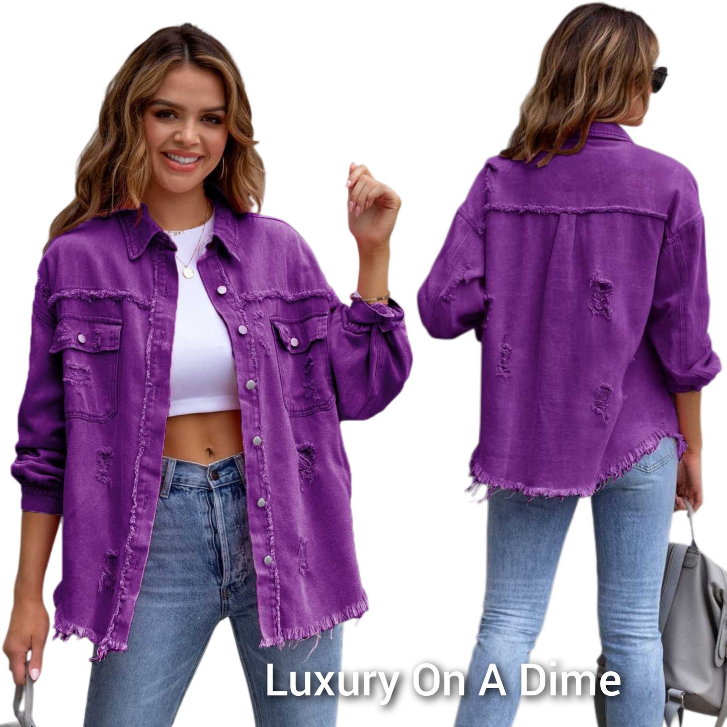 Oversized Distressed Denim Exposed Seam Button-Up Frayed Hem Jean Jacket