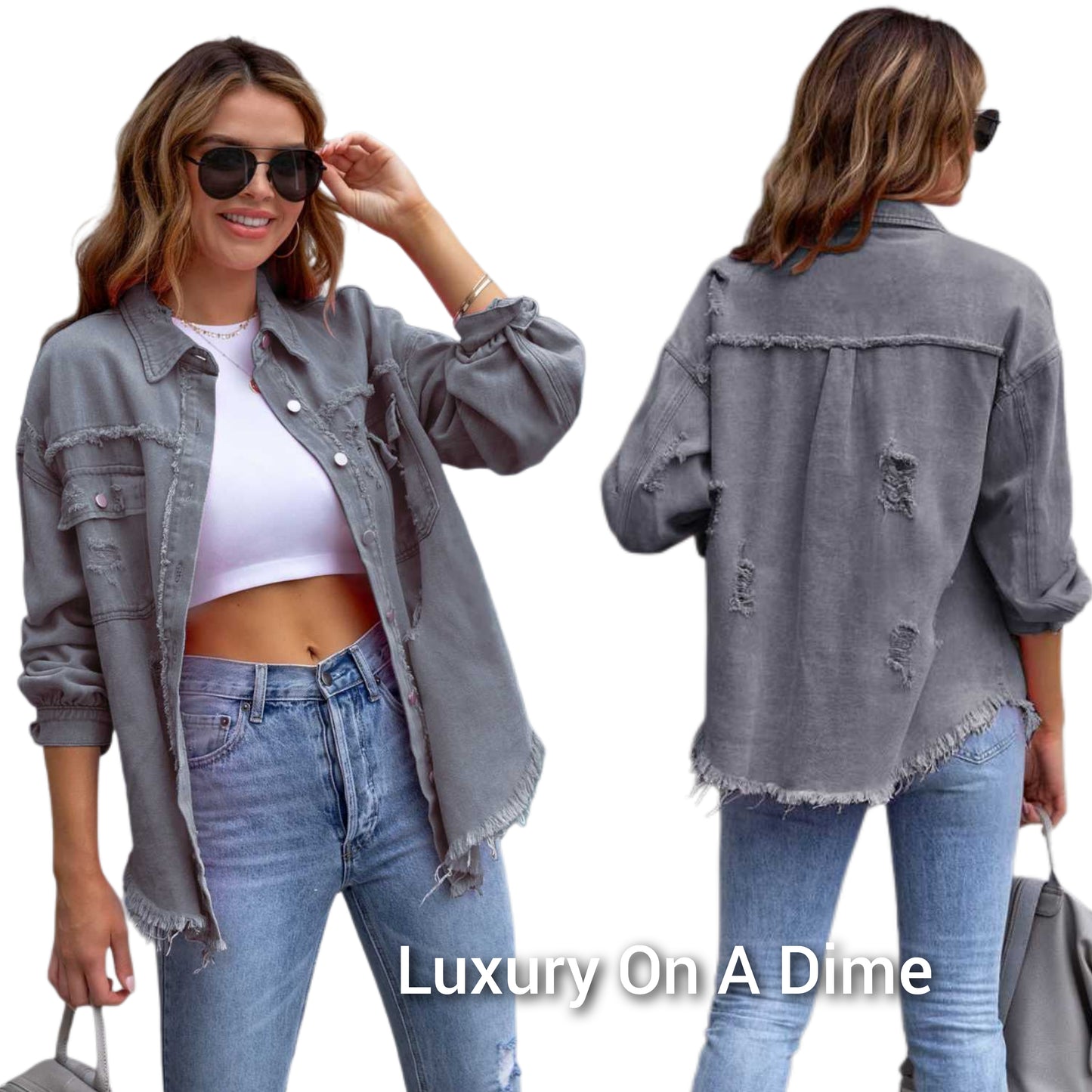 Oversized Distressed Denim Exposed Seam Button-Up Frayed Hem Jean Jacket