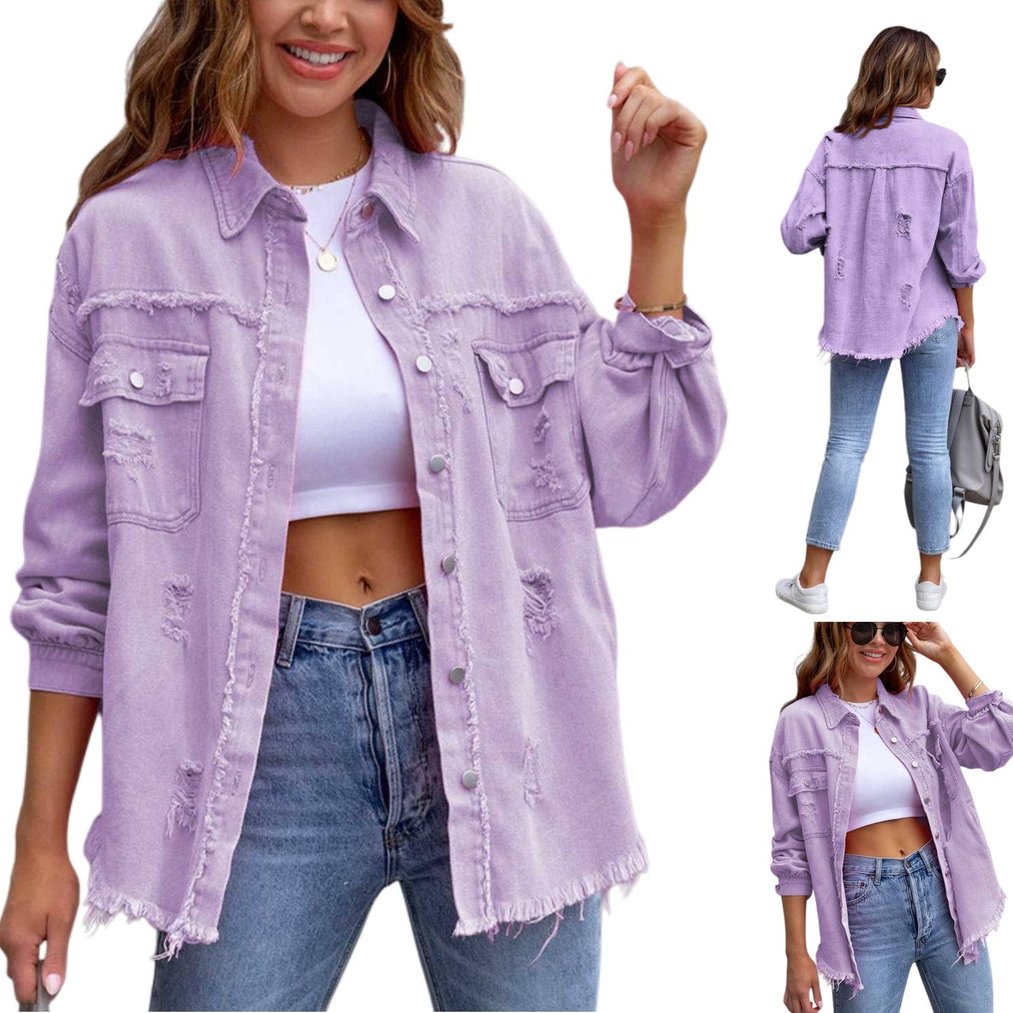 Oversized Distressed Denim Exposed Seam Button-Up Frayed Hem Jean Jacket