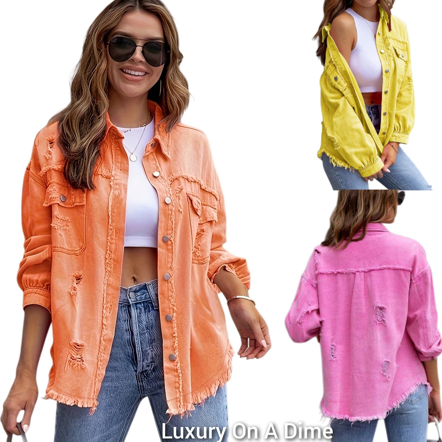 Oversized Distressed Denim Exposed Seam Button-Up Frayed Hem Jean Jacket