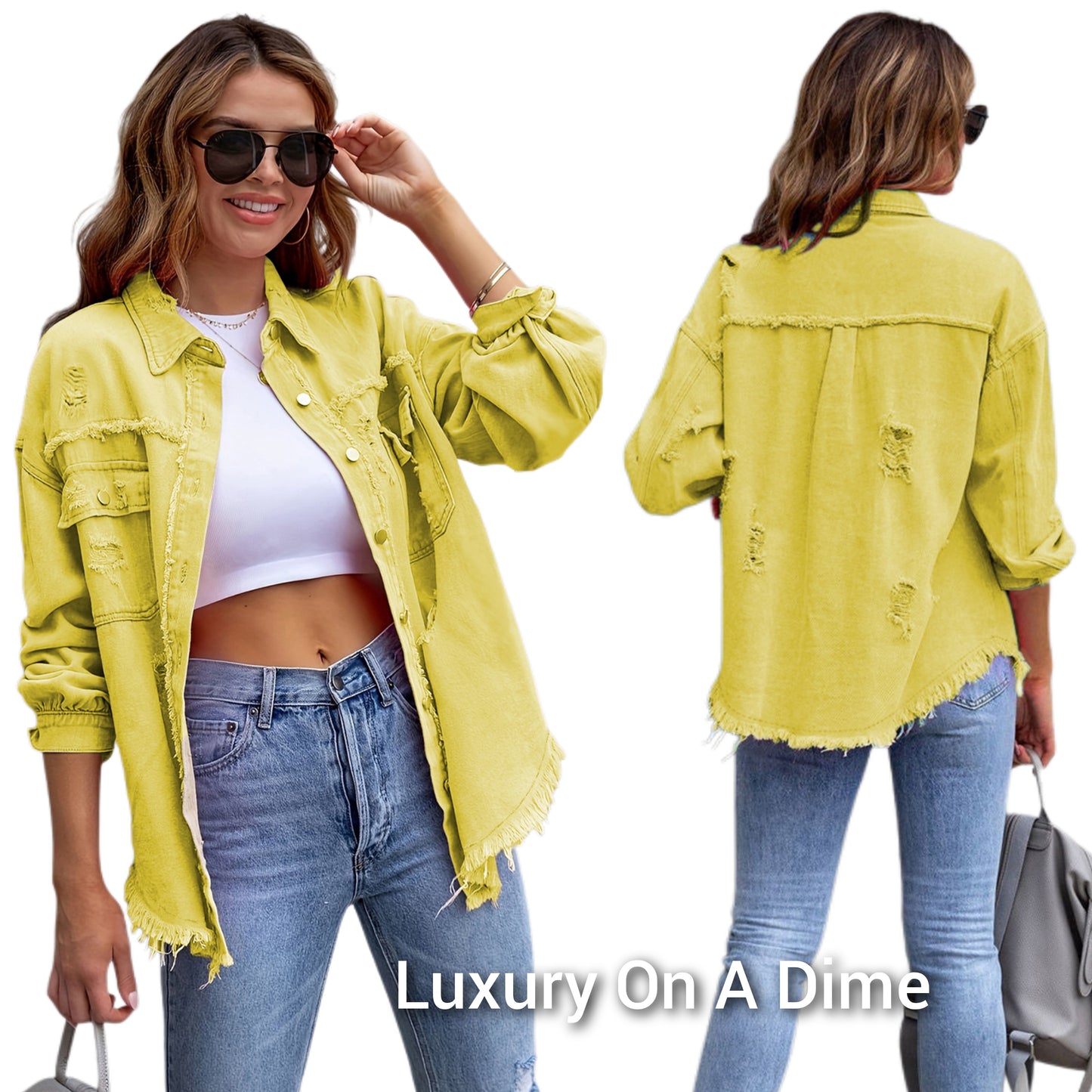 Oversized Distressed Denim Exposed Seam Button-Up Frayed Hem Jean Jacket