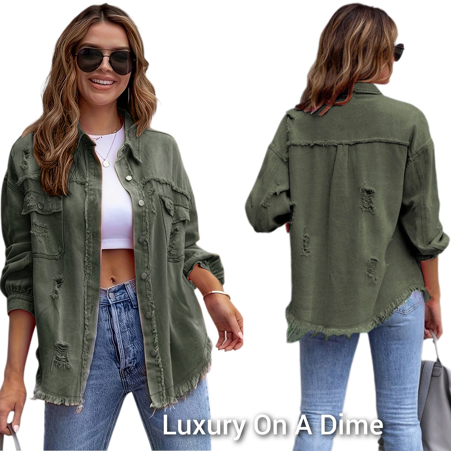 Oversized Distressed Denim Exposed Seam Button-Up Frayed Hem Jean Jacket