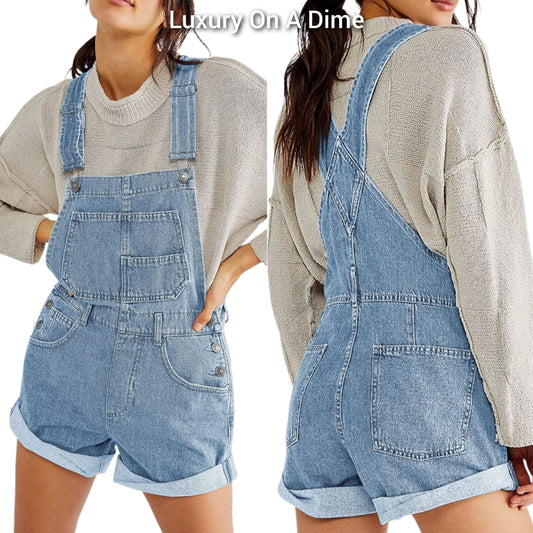 Retro Bib Overalls Patch Chest Pocket Sleeveless Romper Blue Jean Denim Cuffed Shorts