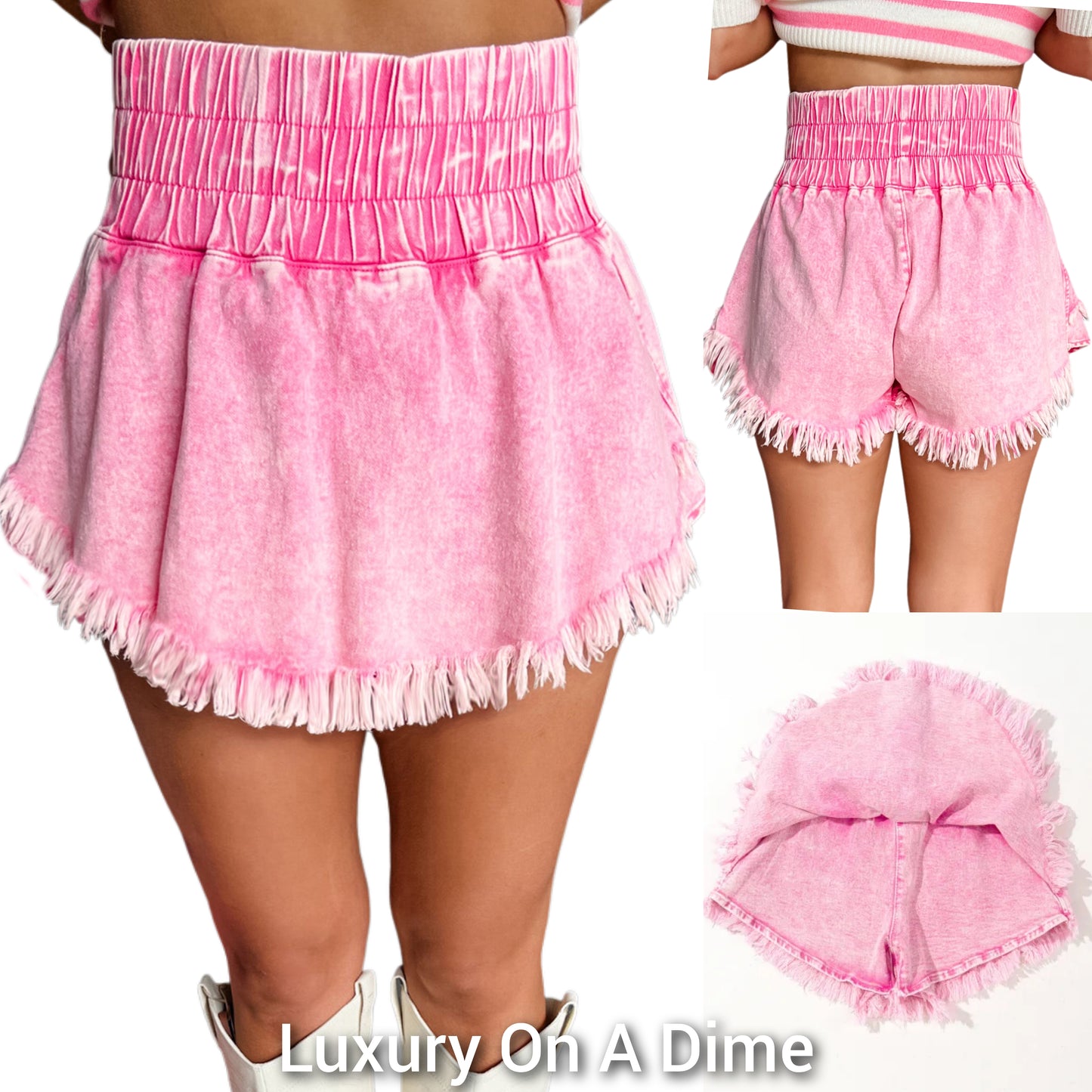 Denim Skort High-Rise Elastic Smocked Waist Shorts Frayed Hem Jean Mini Skirt