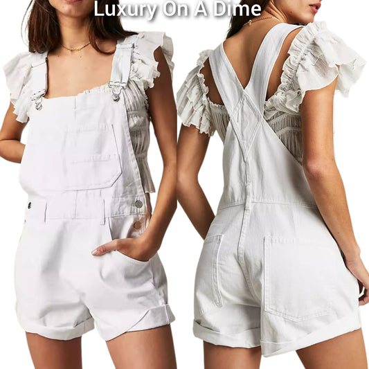Retro Bib Overalls Patch Chest Pocket Sleeveless Romper White Jean Denim Shorts
