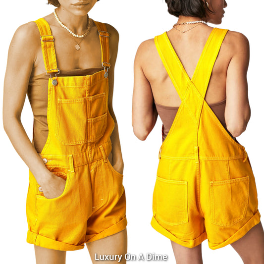 Retro Bib Overalls Patch Chest Pocket Sleeveless Romper Gold Yellow Jean Denim Shorts