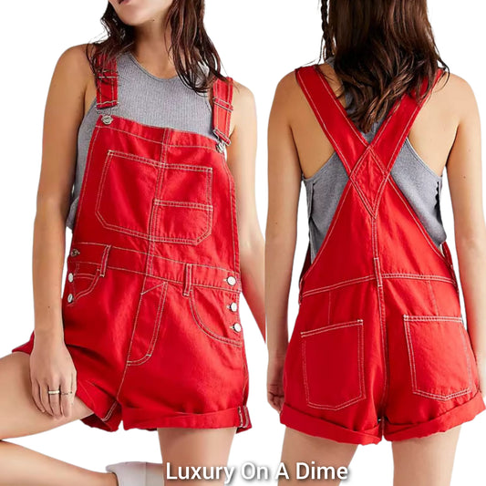 Retro Bib Overalls Patch Chest Pocket Sleeveless Romper Jean Red Denim Shorts