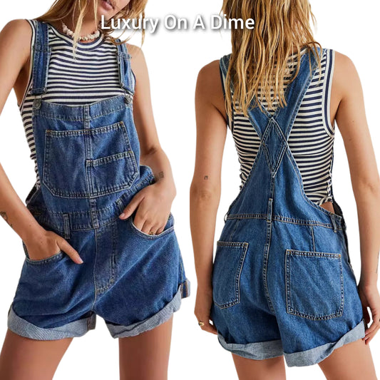 Retro Bib Overalls Patch Chest Pocket Sleeveless Romper Blue Jean Denim Shorts