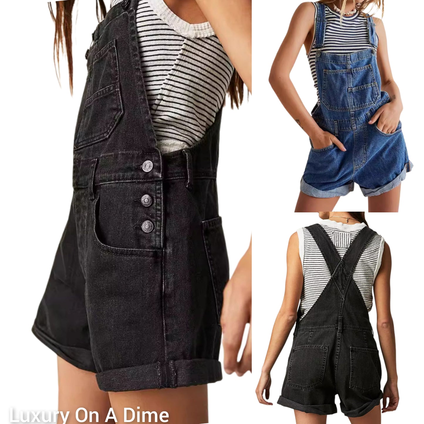 Retro Bib Overalls Patch Chest Pocket Sleeveless Romper Black Jean Denim Shorts