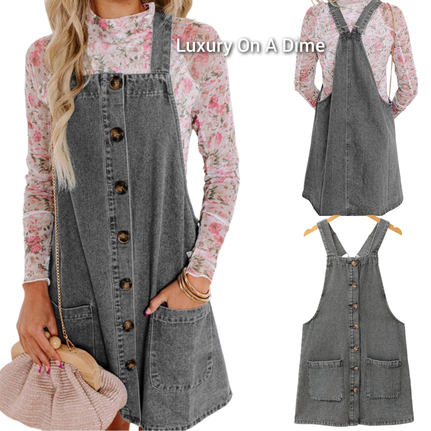 Retro Denim Overall Mini Dress Patch Pocket Sleeveless Jean Button-Up Romper