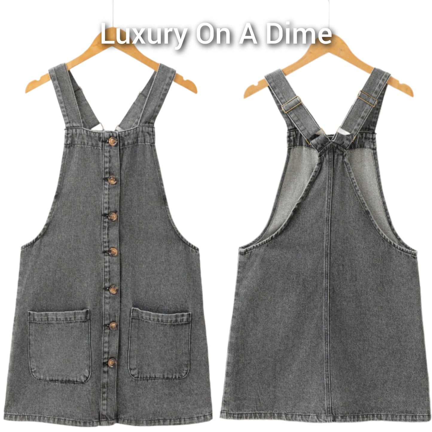 Retro Denim Overall Mini Dress Patch Pocket Sleeveless Jean Button-Up Romper
