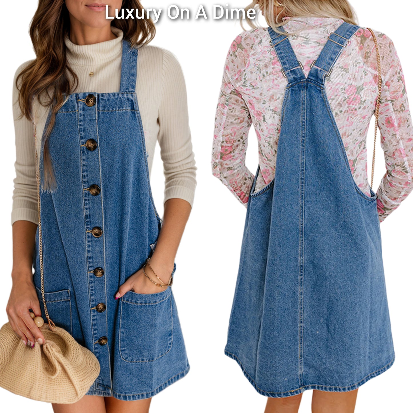 Retro Denim Overall Mini Dress Patch Pocket Sleeveless Blue Jean Button-Up Romper