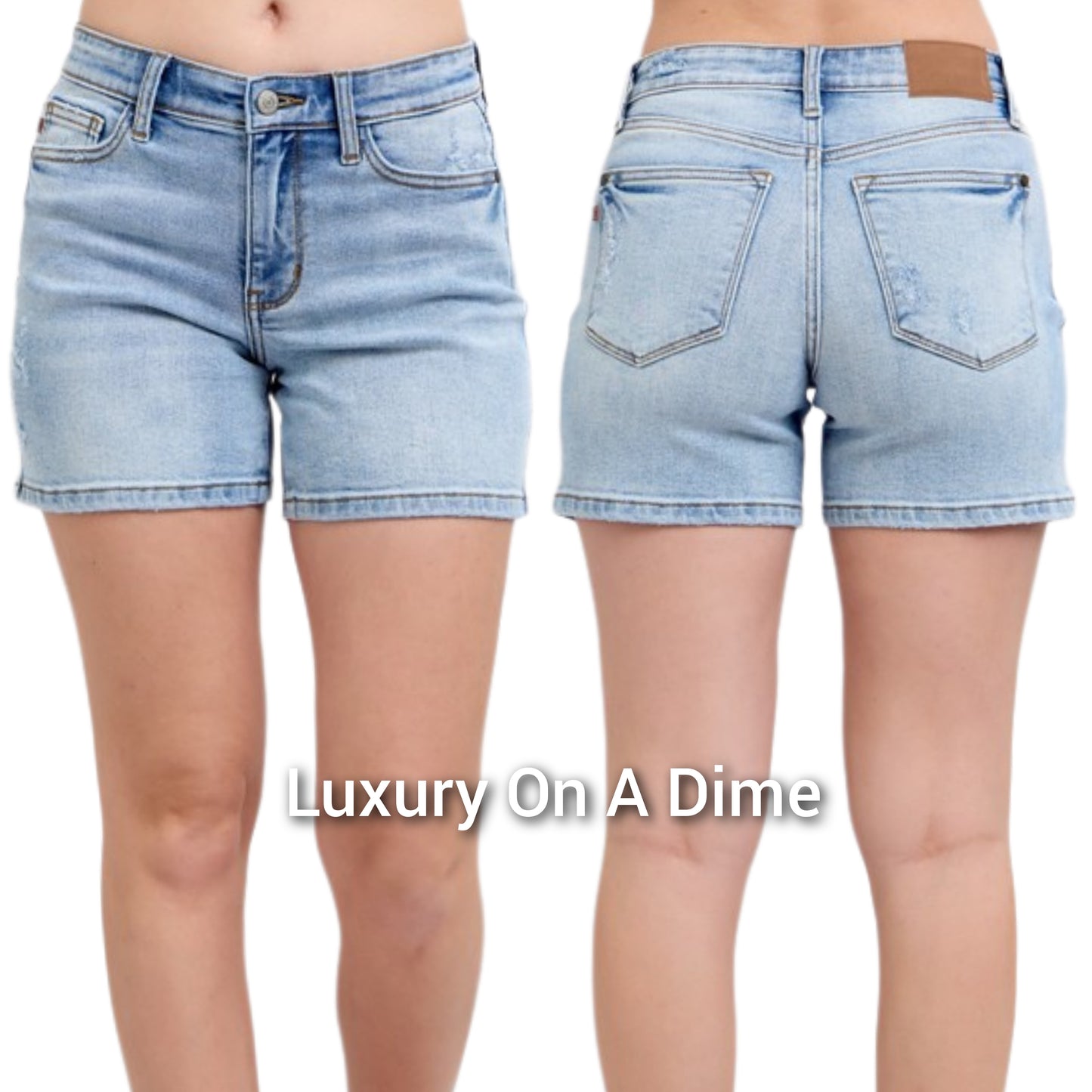 Judy Blue Mid Rise Waist Classic Denim Medium Blue Stone Wash Distressed Jean Shorts