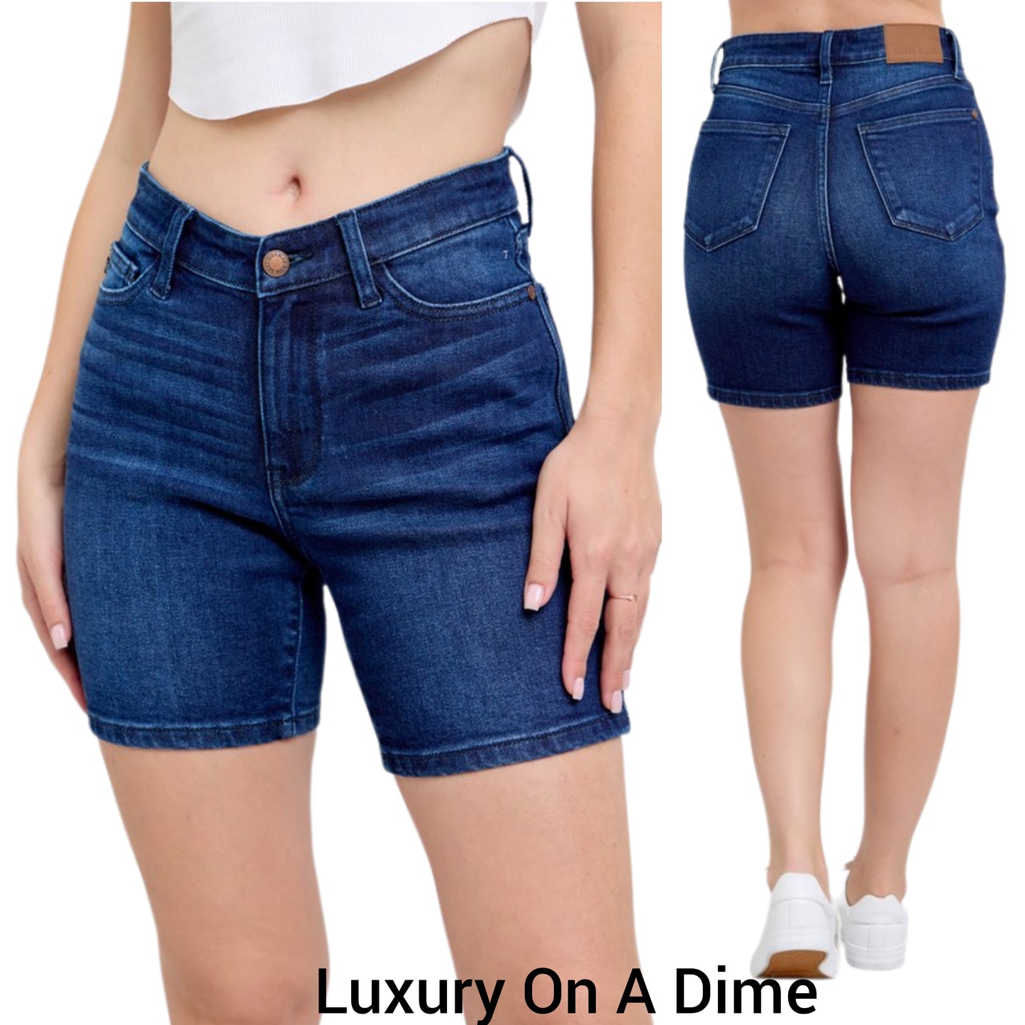 Judy Blue High Rise V-waist Slim Fit Denim Skinny Jean Dark Blue Bermuda Shorts
