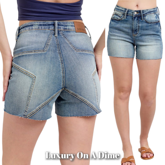 Judy Blue Embroidered Star High Rise Distressed Denim Mid-length Jean Shorts
