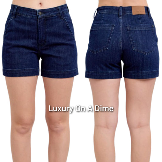 Judy Blue High-Rise Relaxed Boyfriend Fit Dark Jean Mid-length Classic Denim Shorts