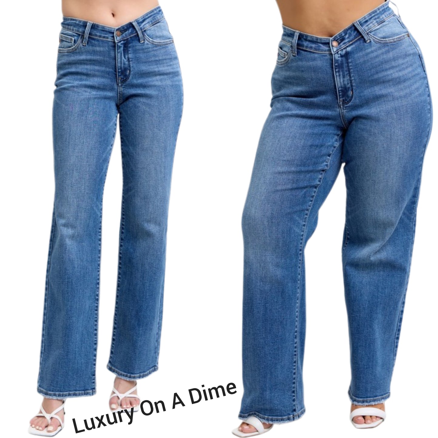 Judy Blue V-waist High-Rise Straight Leg Slim Fit Jeans Raw Hem Denim Pants