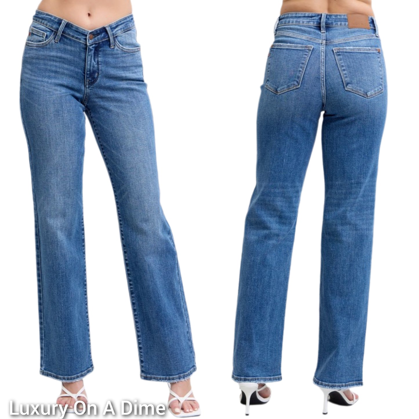 Judy Blue V-waist High-Rise Straight Leg Slim Fit Jeans Raw Hem Denim Pants