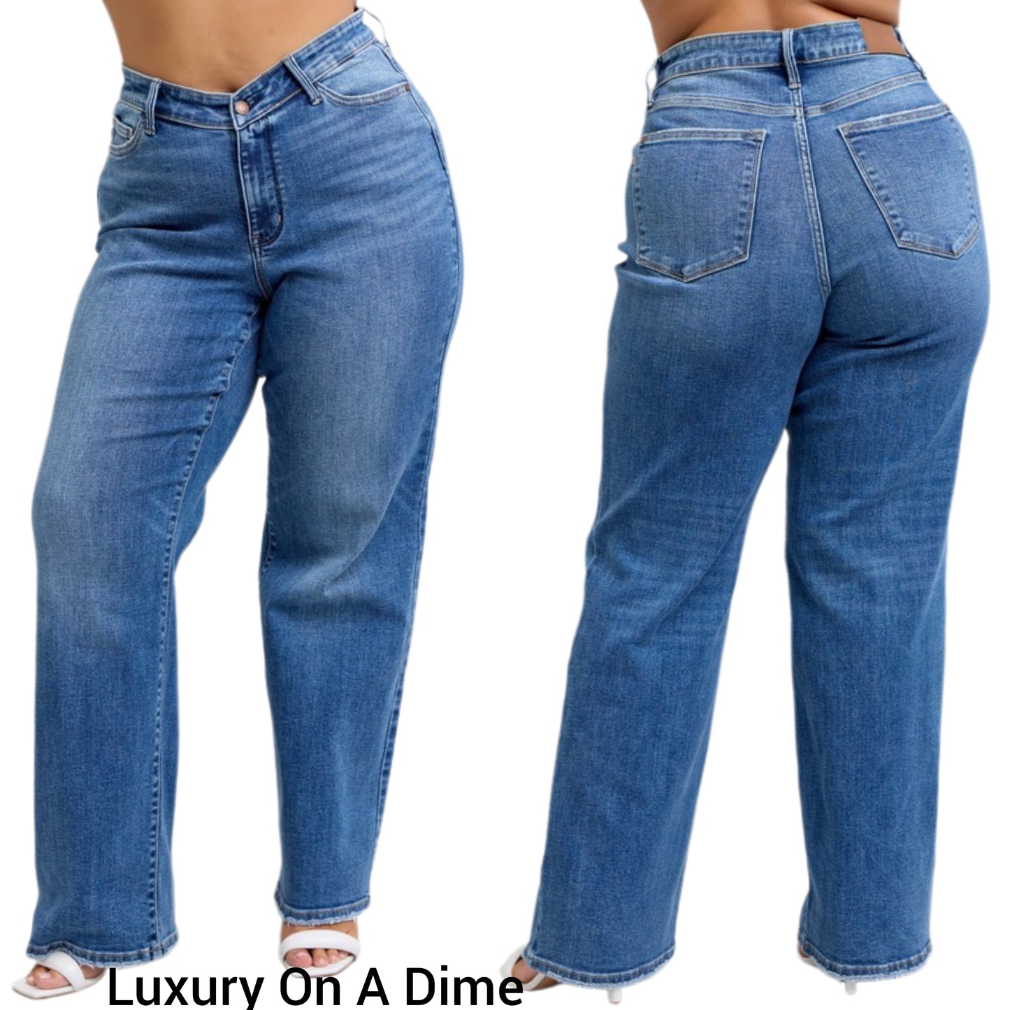 Judy Blue V-waist High-Rise Straight Leg Slim Fit Jeans Raw Hem Denim Pants