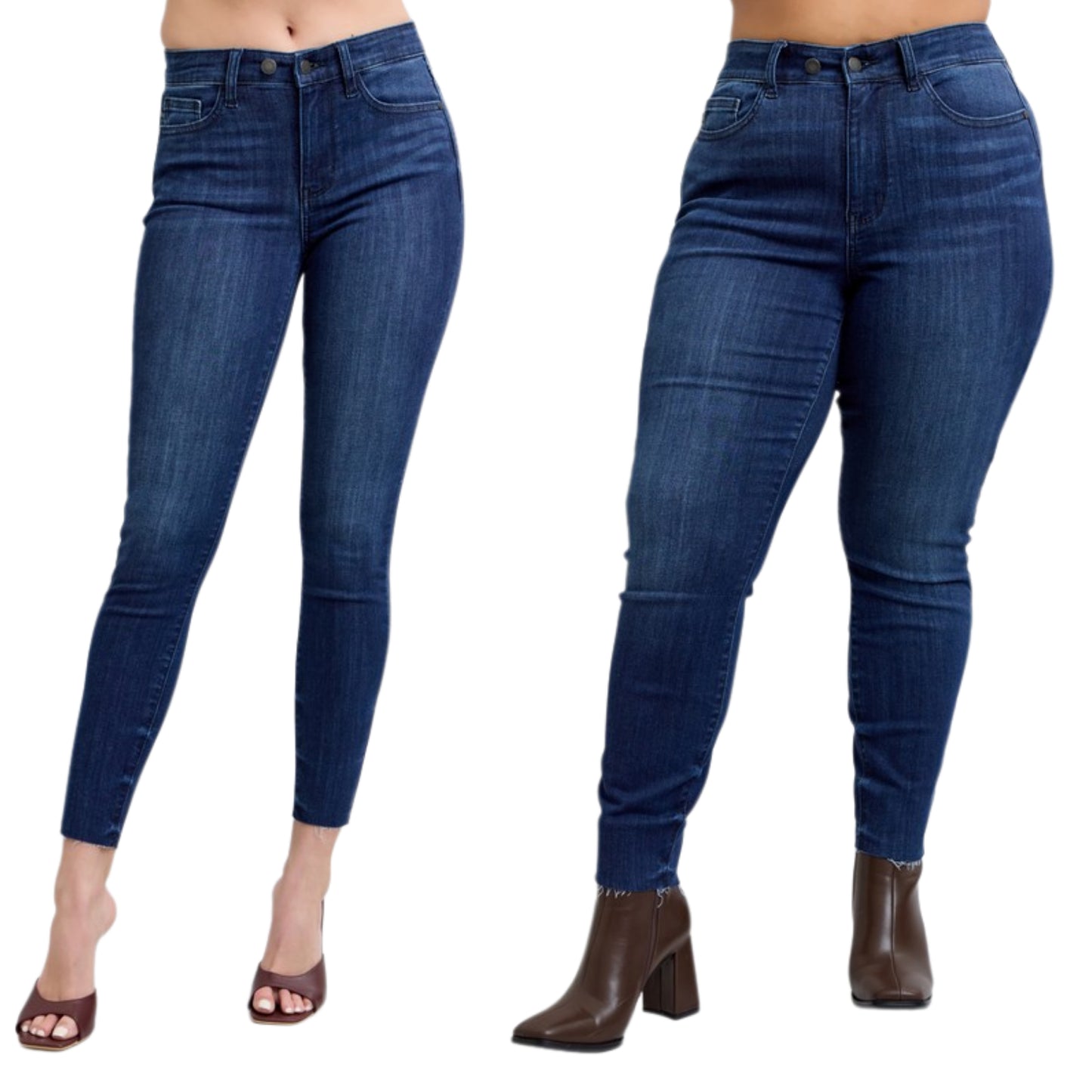 Judy Blue Mid-Rise Double Button Skinny Jeans Slim Fit Denim Pants Raw Cut-off Ankle Hem