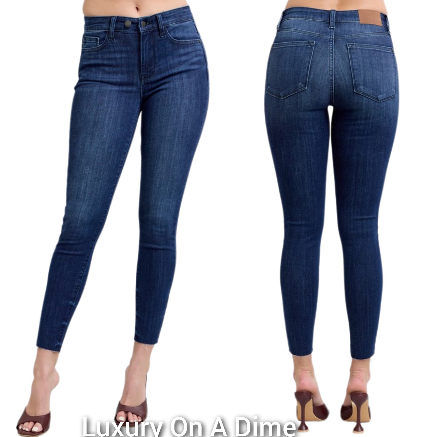 Judy Blue Mid-Rise Double Button Skinny Jeans Slim Fit Denim Pants Raw Cut-off Ankle Hem