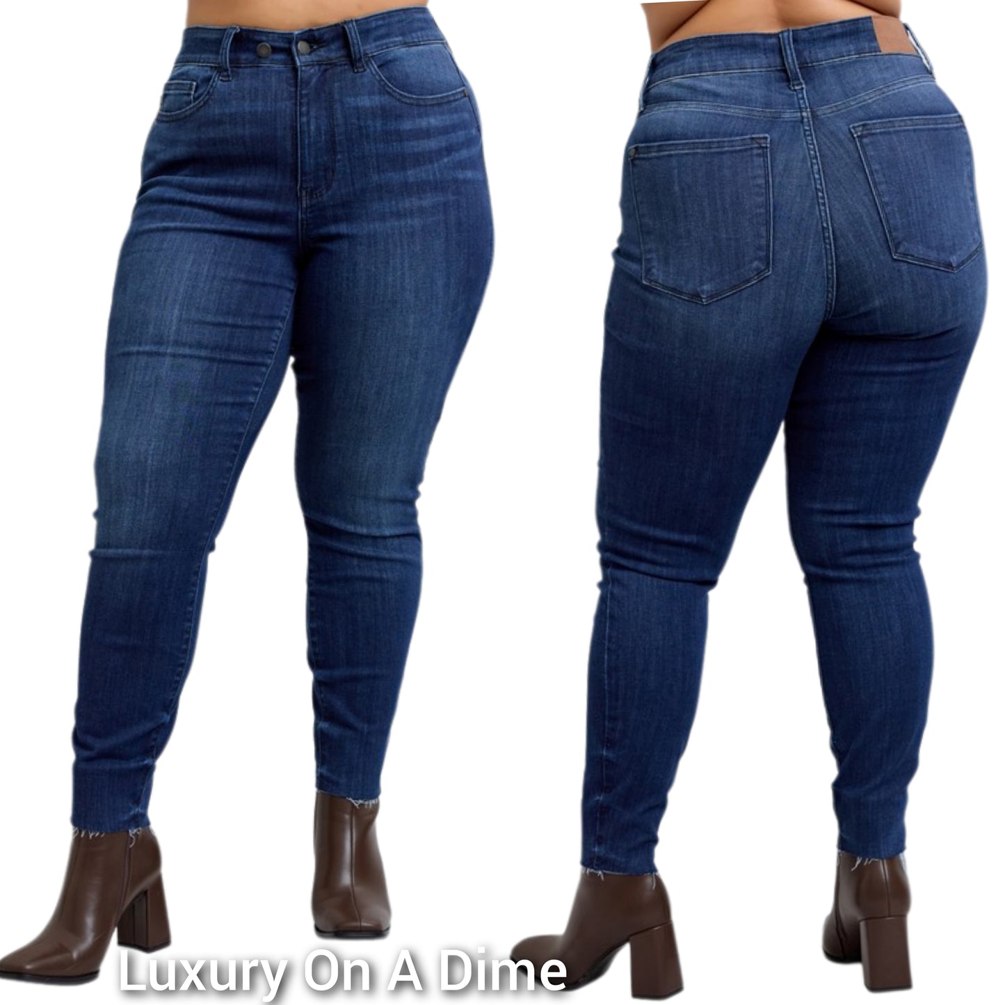 Judy Blue Mid-Rise Double Button Skinny Jeans Slim Fit Denim Pants Raw Cut-off Ankle Hem