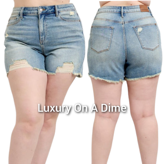 Judy Blue High-Rise Waist Frayed Denim Cut-Off Raw Hem Distressed Jean Shorts