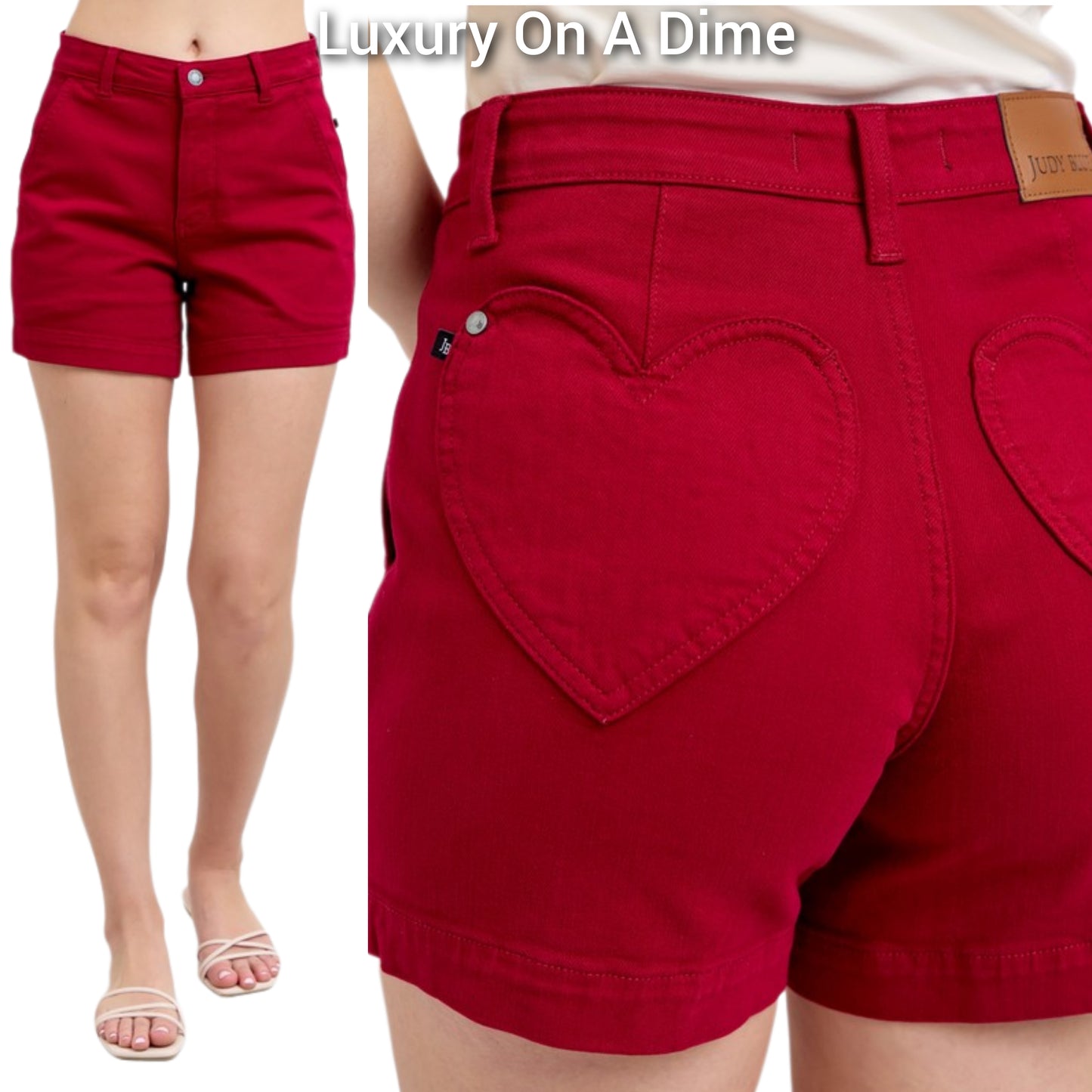 Judy Blue Heart Pocket High Rise Waist Tummy Control Red Denim Jean Shorts