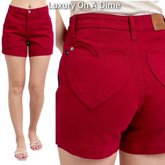 Judy Blue Heart Pocket High Rise Waist Tummy Control Red Denim Jean Shorts