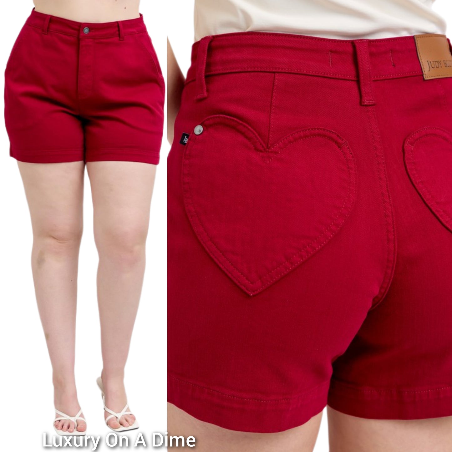 Judy Blue Heart Pocket High-Rise Tummy Control Mid-length Red Denim Jean Shorts Plus Size