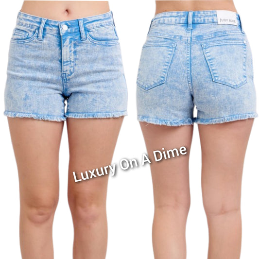 Judy Blue Mid-Rise Waist Cut-off Frayed Hem Retro Blue Dyed Denim Jean Shorts