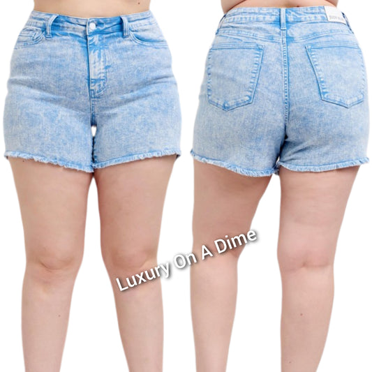 Judy Blue Mid-Rise Waist Cut-off Frayed Hem Retro Blue Dyed Denim Jean Shorts Plus Size