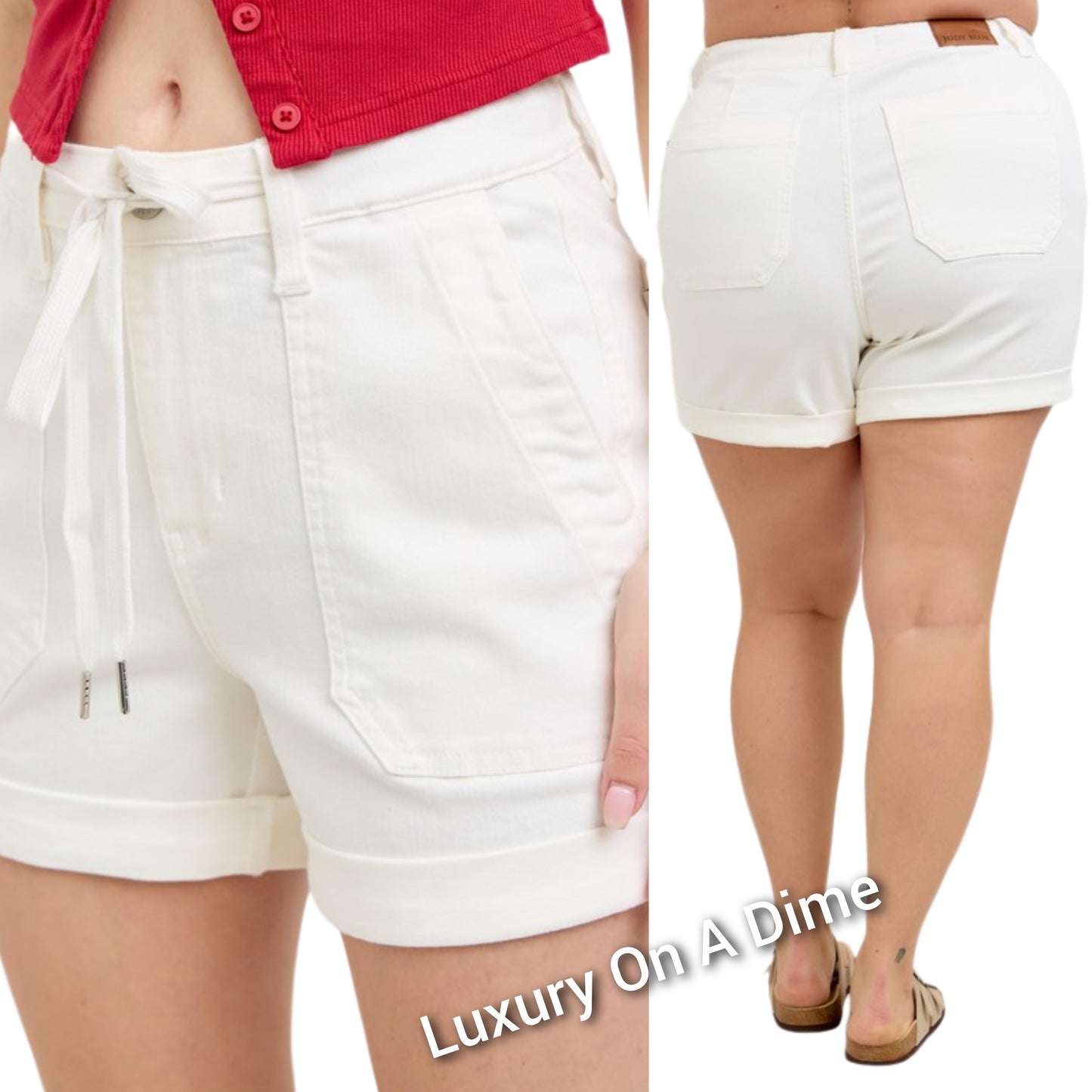 Judy Blue High-Rise Drawstring Waist Relaxed Fit White Denim Cuffed Jean Shorts Plus Size