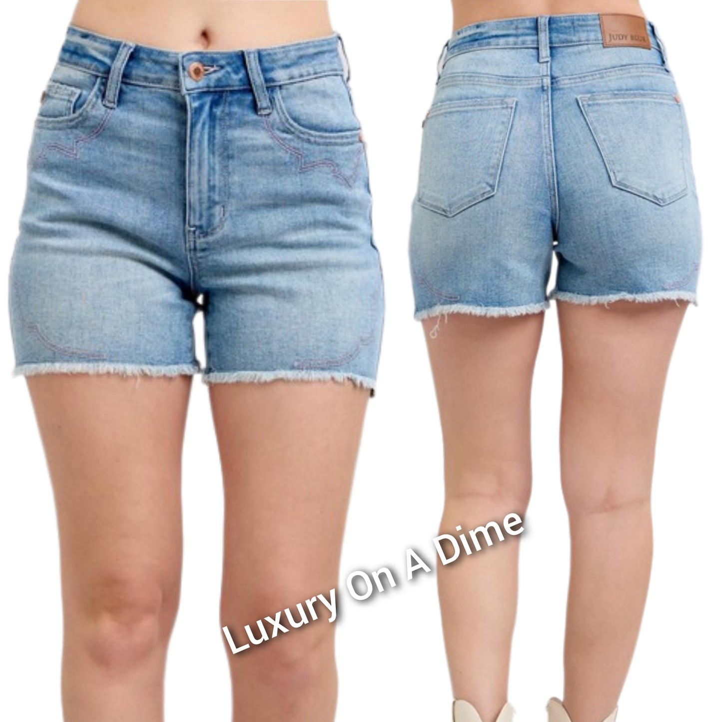 Judy Blue Western Embroidered High-Rise Cut-off Mid-length Frayed Hem Jean Shorts