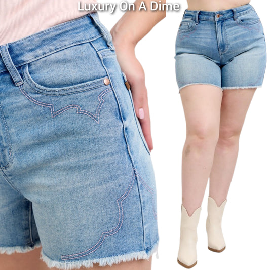 Judy Blue Western Embroidered High-Rise Cut-off Mid-length Frayed Hem Jean Shorts Plus Size