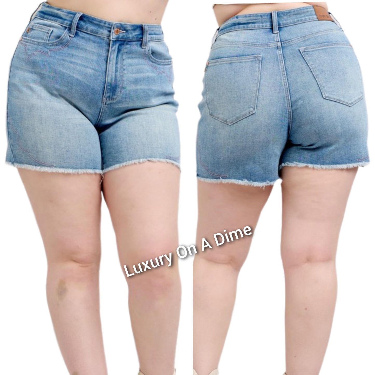 Judy Blue Western Embroidered High-Rise Cut-off Mid-length Frayed Hem Jean Shorts Plus Size