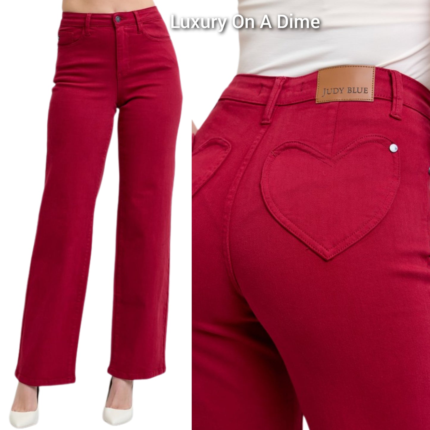 Judy Blue Heart Pocket High-Rise Waist Straight Leg Slim Fit Jeans Red Denim Pants