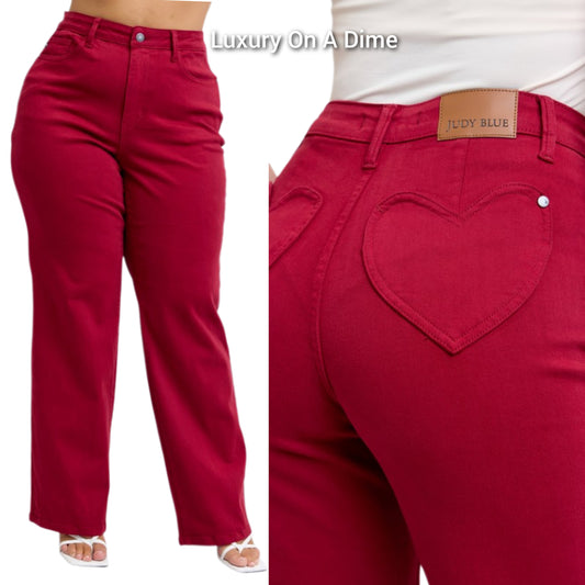 Judy Blue Heart Pocket High-Rise Waist Straight Leg Slim Fit Jeans Red Denim Pants