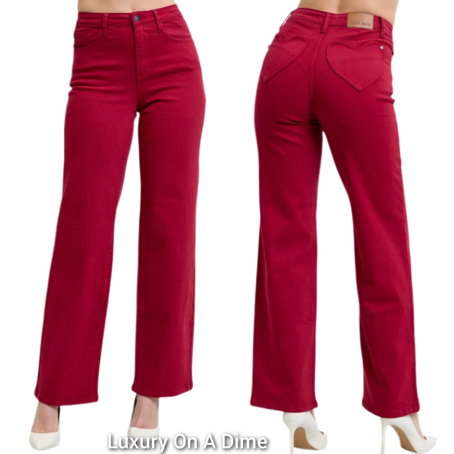 Judy Blue Heart Pocket High-Rise Waist Straight Leg Slim Fit Jeans Red Denim Pants
