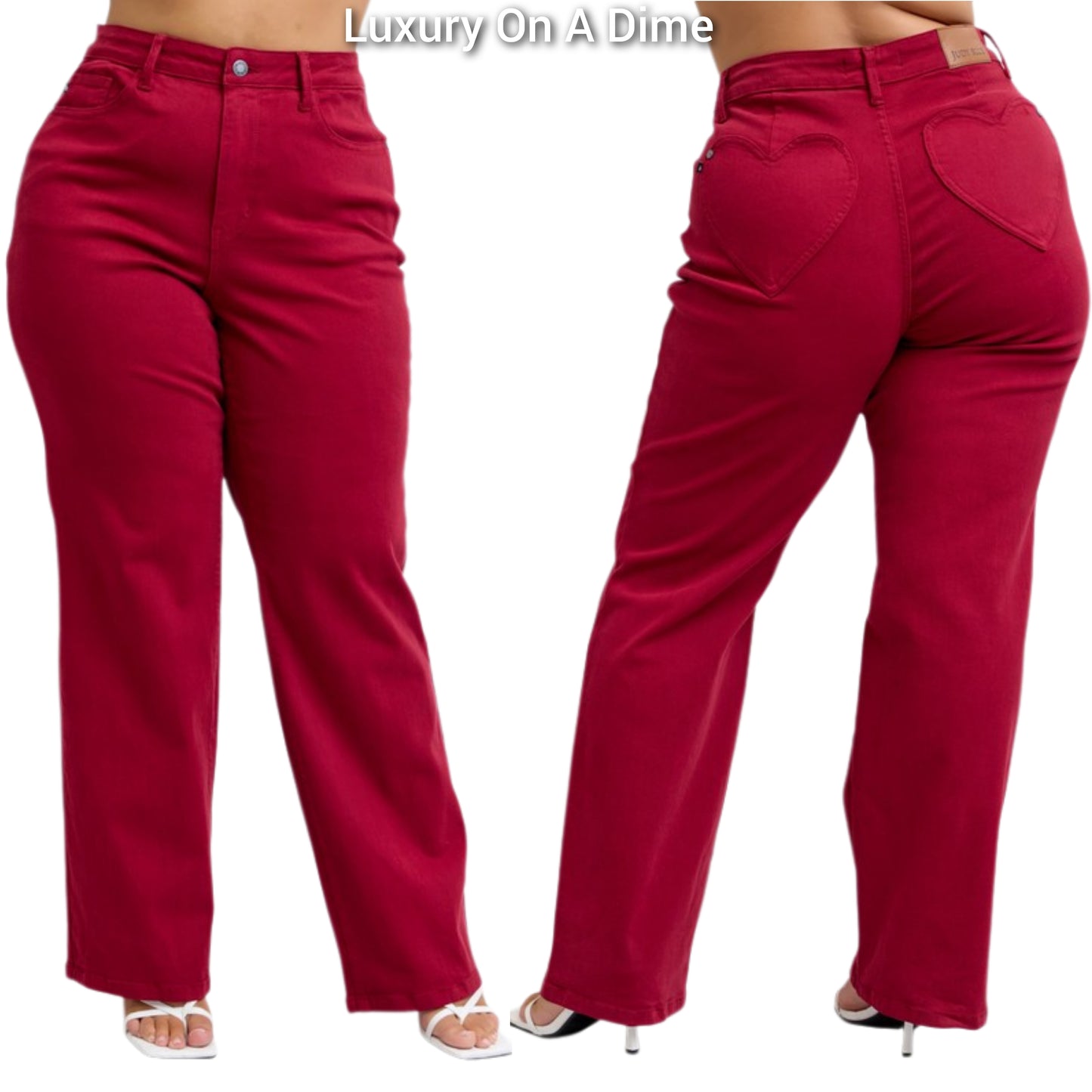 Judy Blue Heart Pocket High-Rise Waist Straight Leg Slim Fit Jeans Red Denim Pants