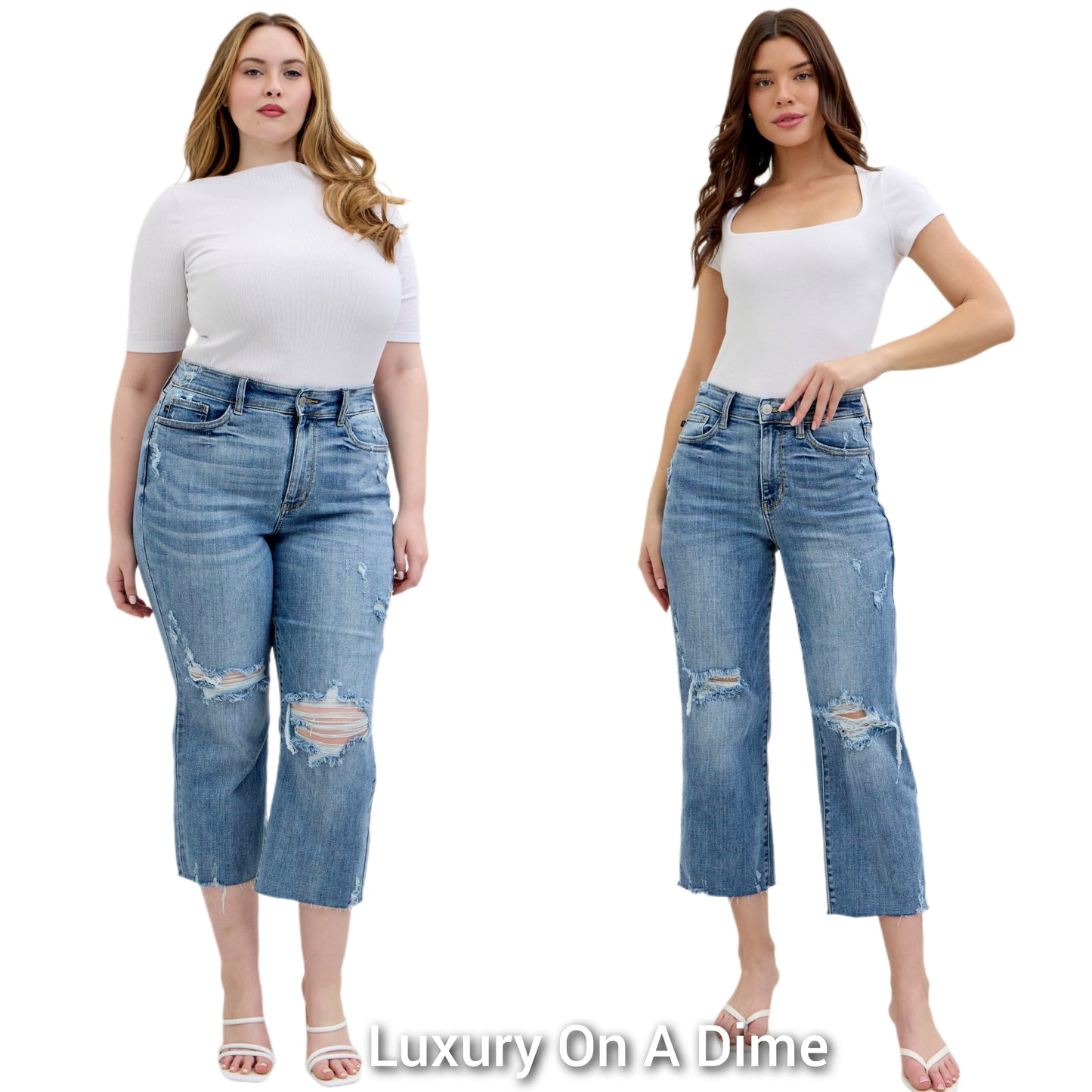 Judy Blue High-Rise Distressed Wide Leg Cropped Boyfriend Fit Ripped Denim Jeans