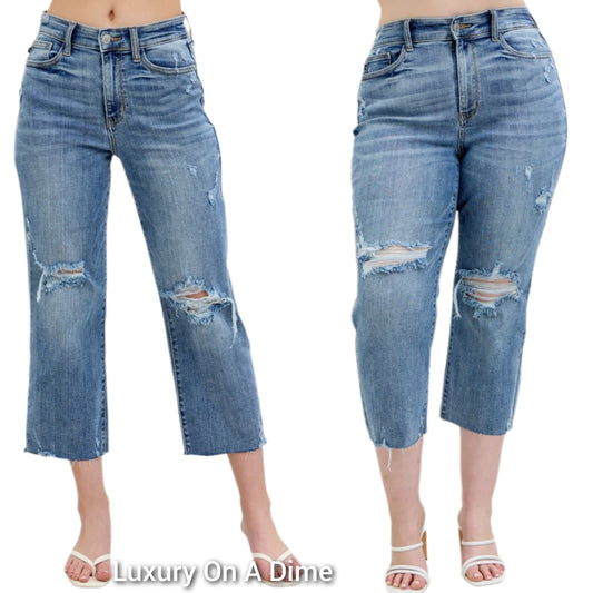 Judy Blue High-Rise Distressed Wide Leg Cropped Boyfriend Fit Ripped Denim Jeans