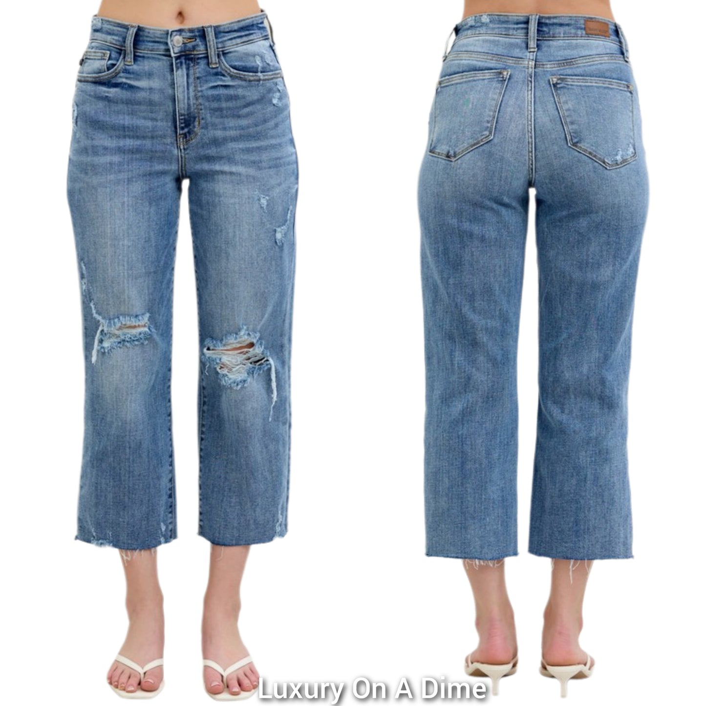 Judy Blue High-Rise Distressed Wide Leg Cropped Boyfriend Fit Ripped Denim Jeans