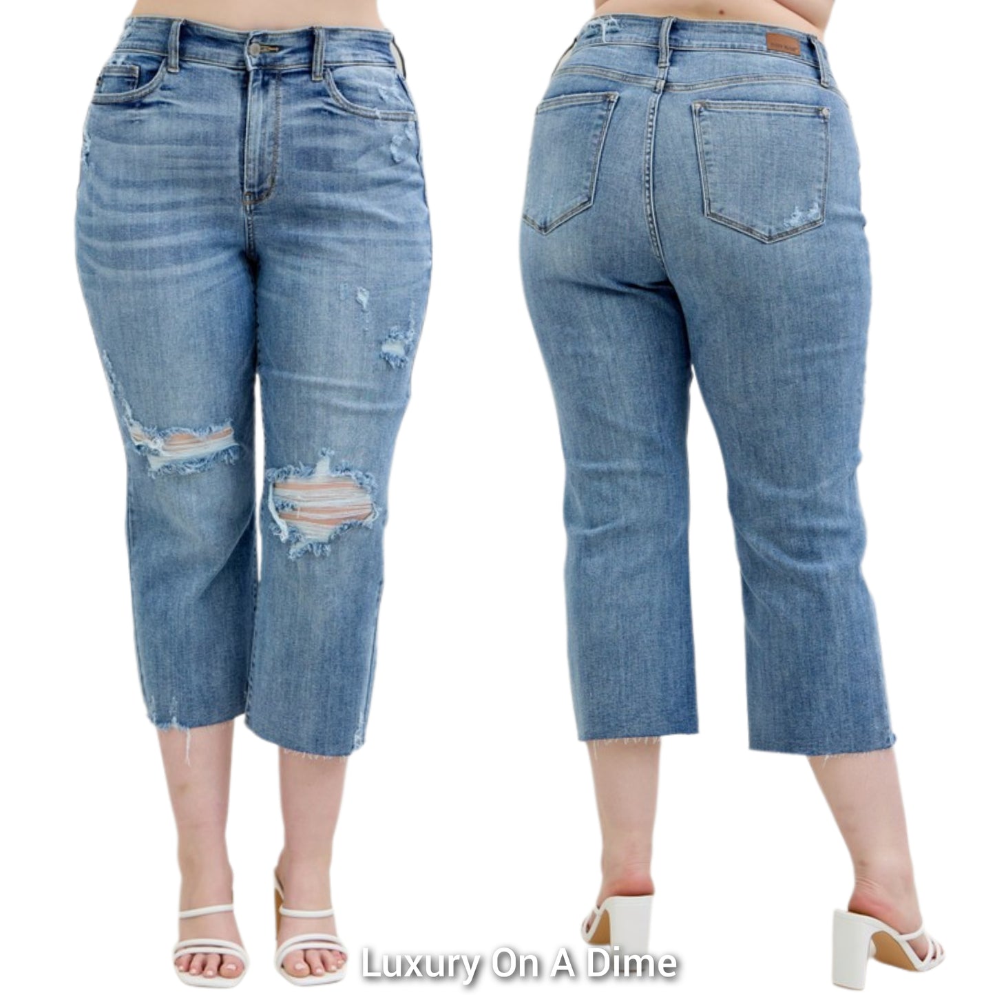 Judy Blue High-Rise Distressed Wide Leg Cropped Boyfriend Fit Ripped Denim Jeans