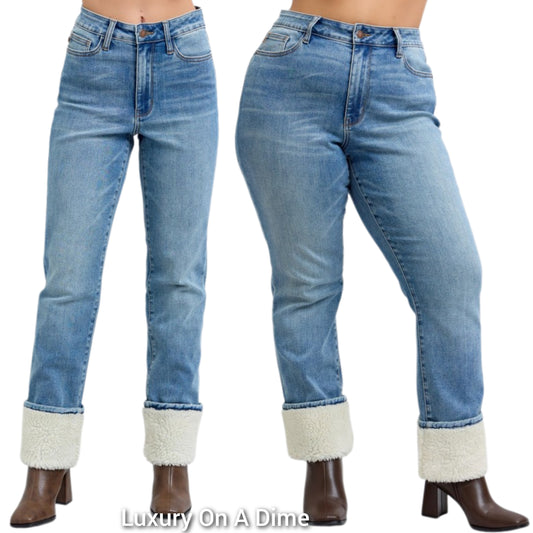 Judy Blue High-Rise Shearling Cuff Boyfriend Relaxed Fit Jeans Straight Leg Denim Pants