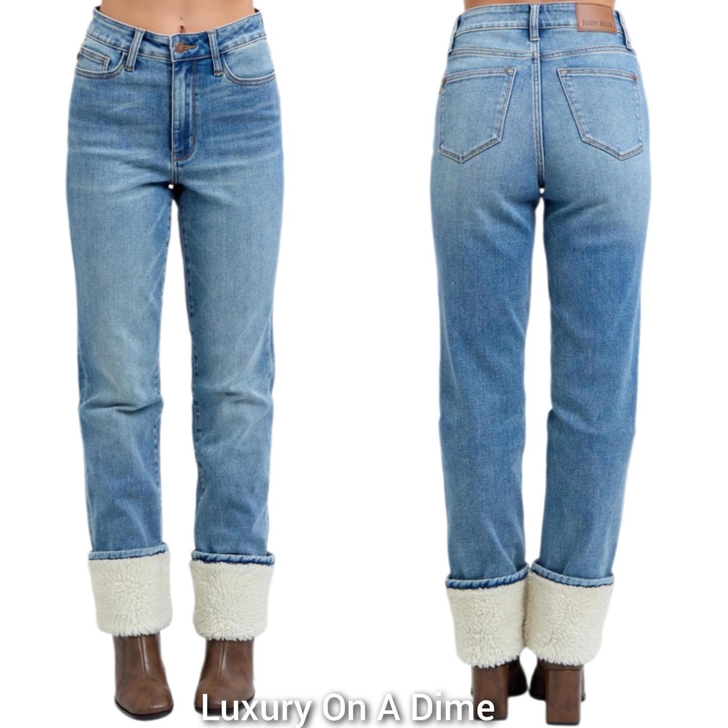 Judy Blue High-Rise Shearling Cuff Boyfriend Relaxed Fit Jeans Straight Leg Denim Pants