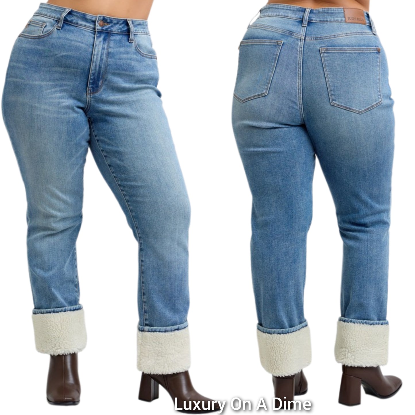Judy Blue High-Rise Shearling Cuff Boyfriend Relaxed Fit Jeans Straight Leg Denim Pants